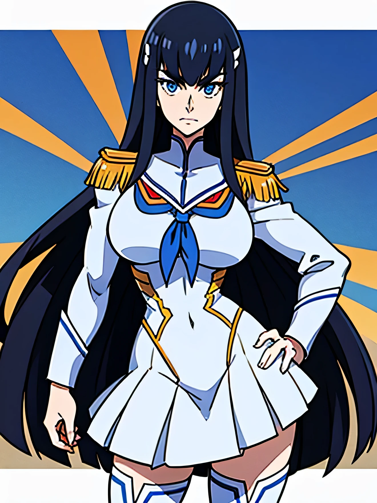 beautiful、masterpiece、highest quality、High resolution、Highly detailed face、Perfect lighting、Anime Women、solo、Black Hair、Long Hair、Blue Eyes、junketsu、Big Breasts、A woman with very large breasts、Epaulettes、Strong muscles、skirt、Muscular and strong、White thigh-high boots、looking at viewer、Muscular Woman、Cowboy Shot、
