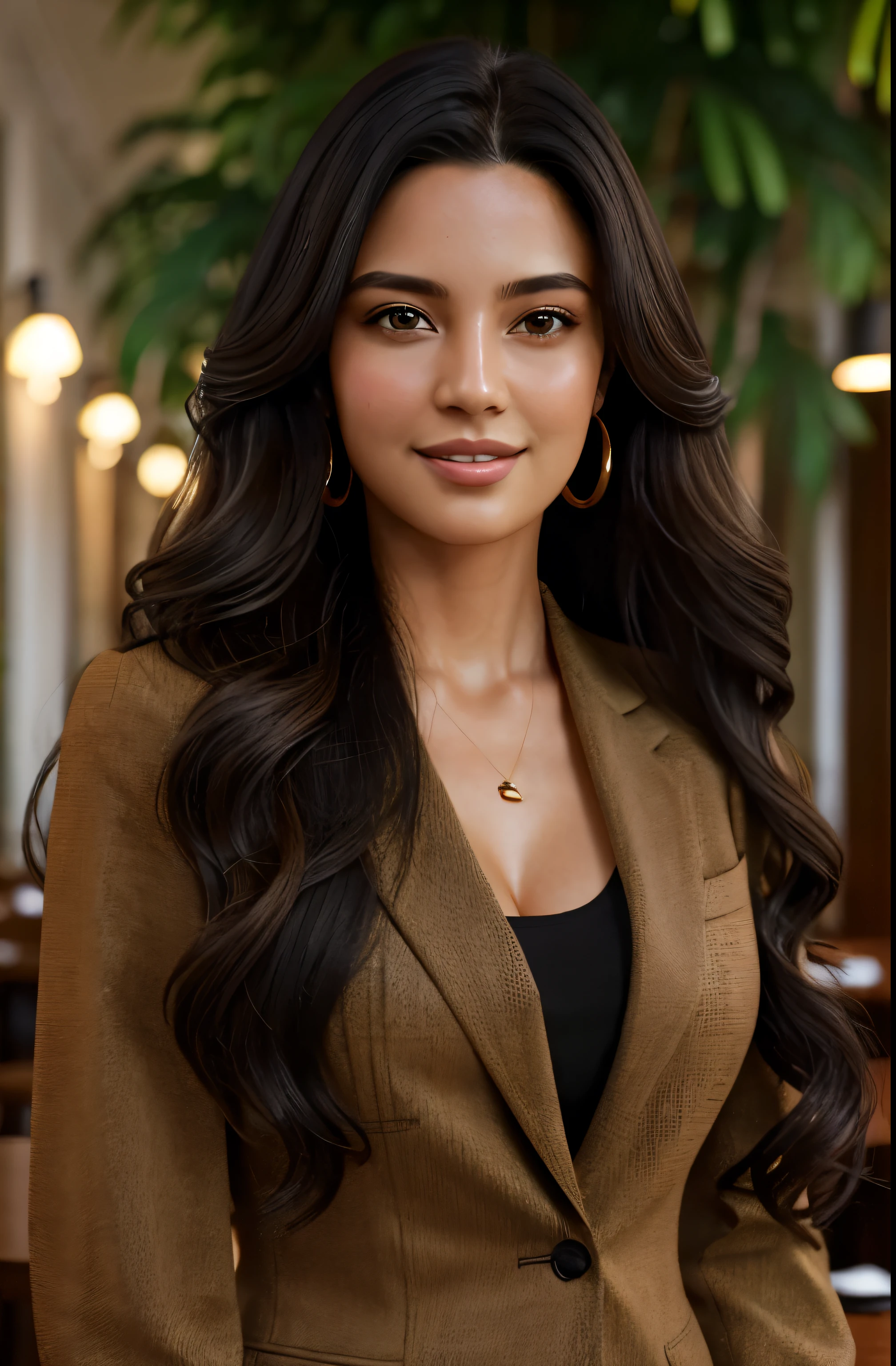 1 adult female, Long hair, curls, Black hair color, Smooth skin, Brown eyes, Smile, vegetation, accidental, businesswoman style clothes, light brown blazer, Realist, High-end restaurant background, 8k super Realist, super detalhado e Realist