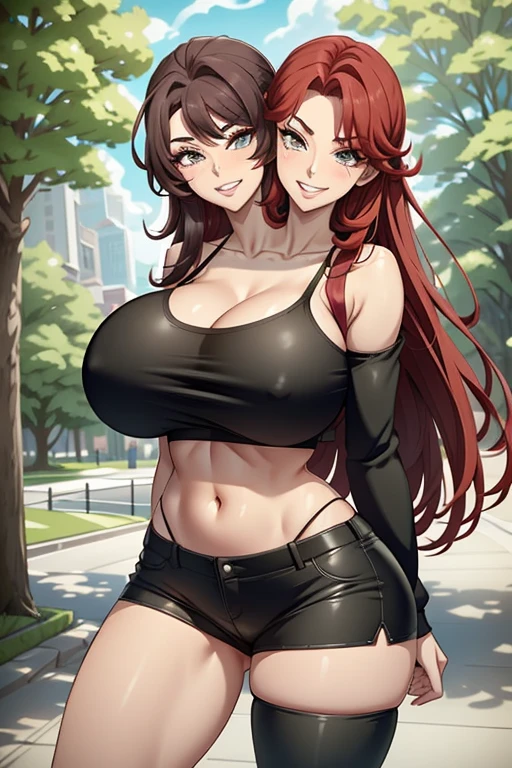 2 heads, a tall skinny woman with 2 heads. In a park on a sunny day. Wearing a tight bikini top, wearing ripped leggings. Gorgeous face. Cute. Happy. Smiling. Mature. Flirty. Goth. Long straight red hair. Touching breasts. Seductive. Thick thighs. Slutty. Girlfriend. 2 heads. Conjoined. Aroused. Horny. Big breasts. Thick eyeshadow. Massive breasts, huge fake breasts. 