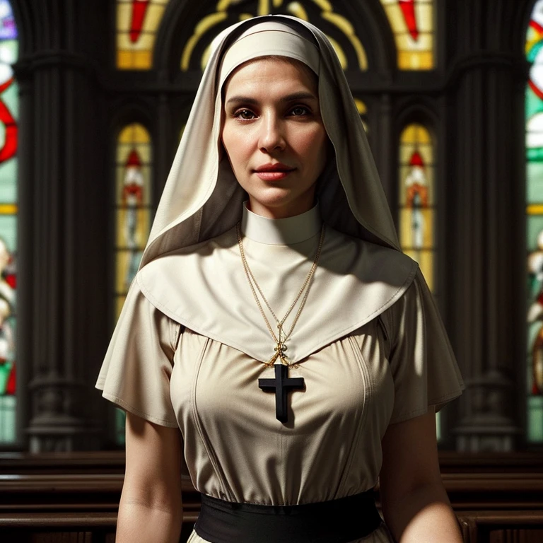 35 years old, caucasian, ((1 girl)), brown eyes, lively eyes, beautiful, blushing, seductive, natural makeup, sexy lips, perfect jawline, perfect hands, fair skin, confident, ((nun)), church, stained glass, nun outfit, nun veil, cross necklace, rosary, garter belt, photorealistic, detailed background, ultra realistic, professional, masterpiece, golden ratio, (((SFW)))