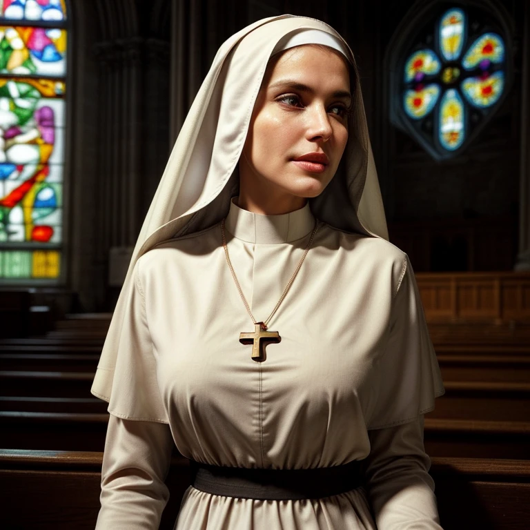 35 years old, caucasian, ((1 girl)), brown eyes, lively eyes, beautiful, blushing, seductive, natural makeup, sexy lips, perfect jawline, perfect hands, fair skin, confident, ((nun)), church, stained glass, nun outfit, nun veil, cross necklace, rosary, garter belt, photorealistic, detailed background, ultra realistic, professional, masterpiece, golden ratio, (((SFW)))