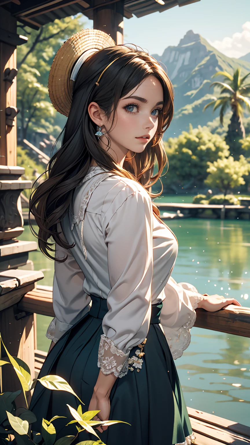 Costumes, Long Hair, girl, Big eyes, Green Mountain々and green water,