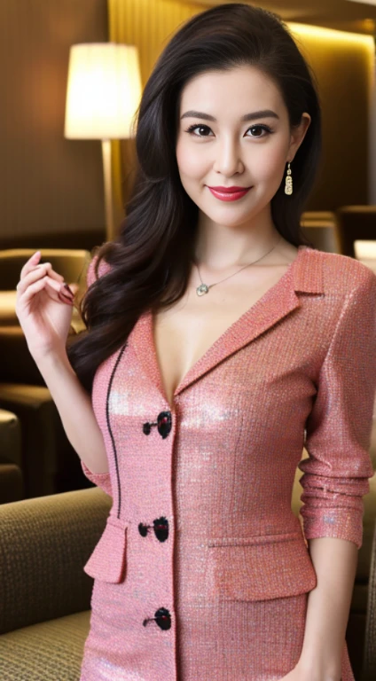 (8k, RAW Photos, highest quality, masterpiece:1.2),(pink tweed jacket),whole bodyのポートレート,Long black hair,Japanese,Smile,Big black eyes,Lip gloss,Necklace facing forward,Stand up straight with good posture,Stiletto heels,(D cup breasts),(Hotel lounge:1.5),(whole body:1.5),(Cute face:1.3),(High heels:1.3),(big hips 1.3),(Medium thighs:1.3),(Playful eyes:1.1),(Bright red lips:1.1),(Fine skin:1.3),(Accurate and perfect human anatomy:1.3),(Exquisite and perfect facial features:1.3), (Long eyelashes:1.3),(Bright red lips:1.3),(lips are shiny and、Textured:1.3),(Fine skin:1.3),(Earrings:1.3),(Beautiful fine details:1.1),(Natural color lip:1.1),(Graceful Face:1.3),Look straight at the camera:1.3
