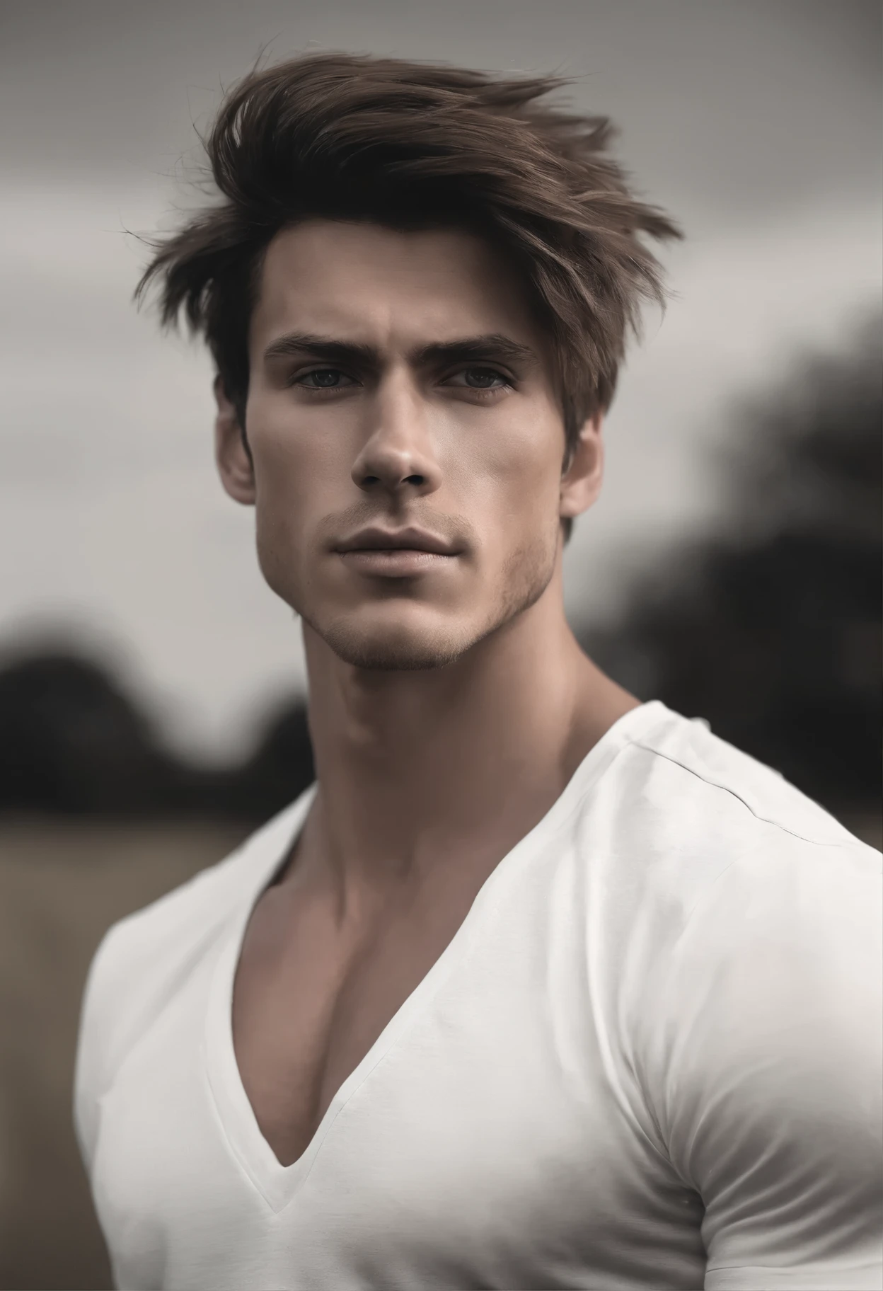 A handsome boy, 25 years old, brown spiky hair, light hazel brown eyes, masculine pose standing in a meadow, mysterious lighting, shirtless, wearing only a micro thong, muscular physique, looking into the camera, half body shot, head to thighs,