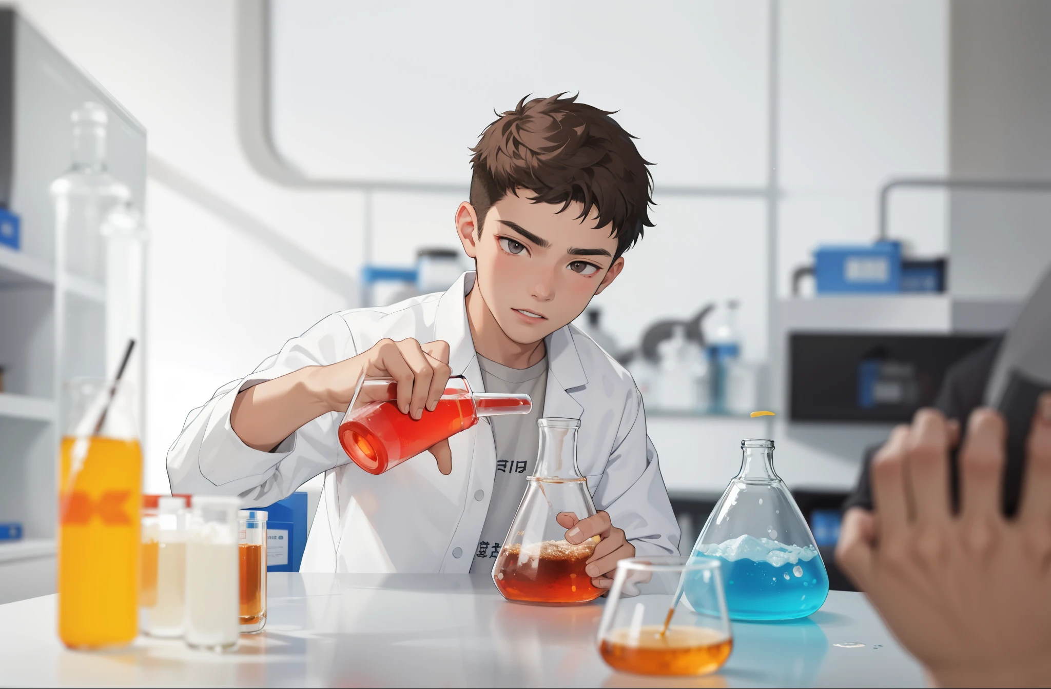 A 16-year-old boy with brown hair and gray eyes does chemical experiments.