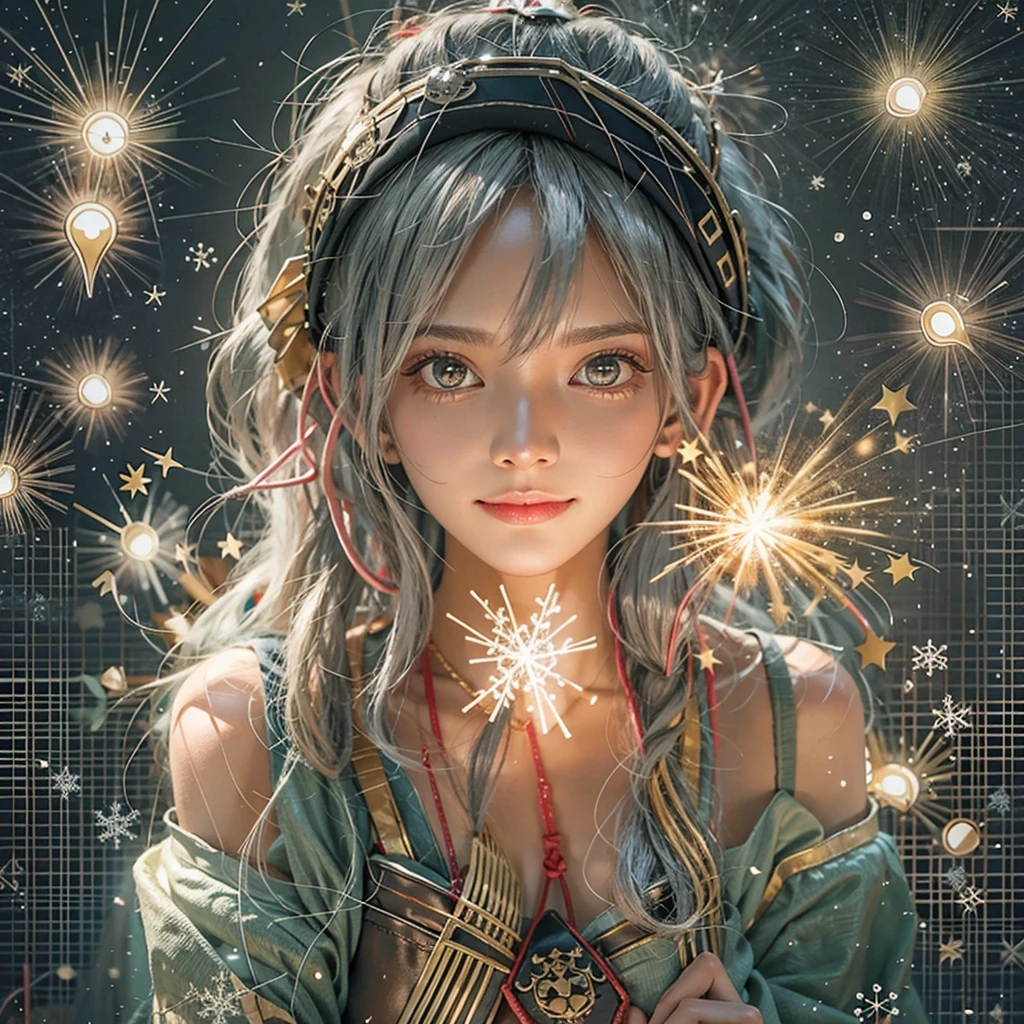 Realistic, High resolution, soft Light,1 Female, alone, Hip Up, (Detailed face), we \(one piece\), , jewelry,length_hair, fire Fly, Light_particle, loose_wood, Snowflake_background, Milky_method, aerial photograph_firework, Head ornament, Put your arms behind your body, green_eye,