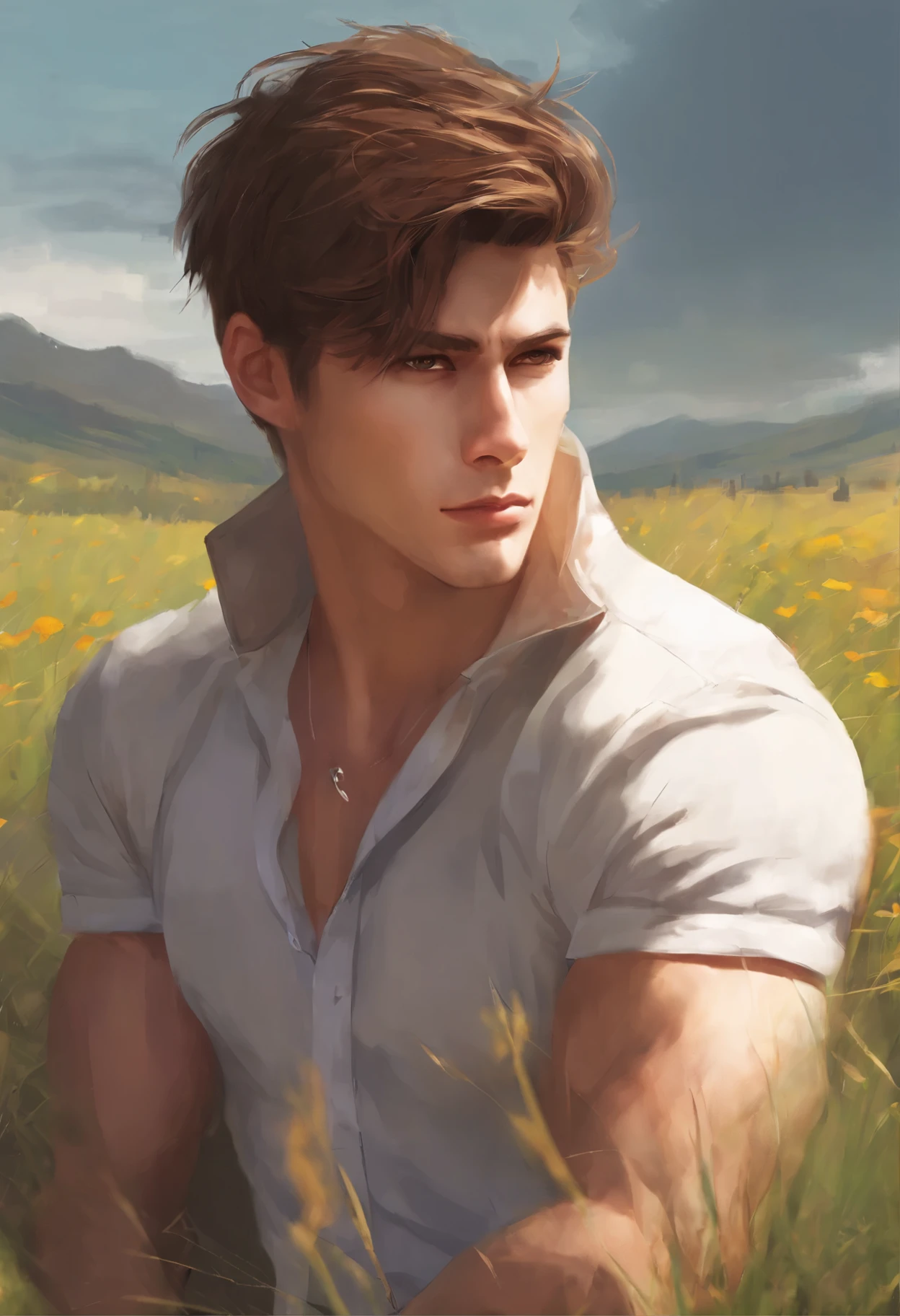 A handsome boy, 25 years old, brown spiky hair, light hazel brown eyes, masculine pose standing in a meadow, mysterious lighting, shirtless, wearing only a micro thong, muscular physique, looking into the camera, half body shot, head to thighs,