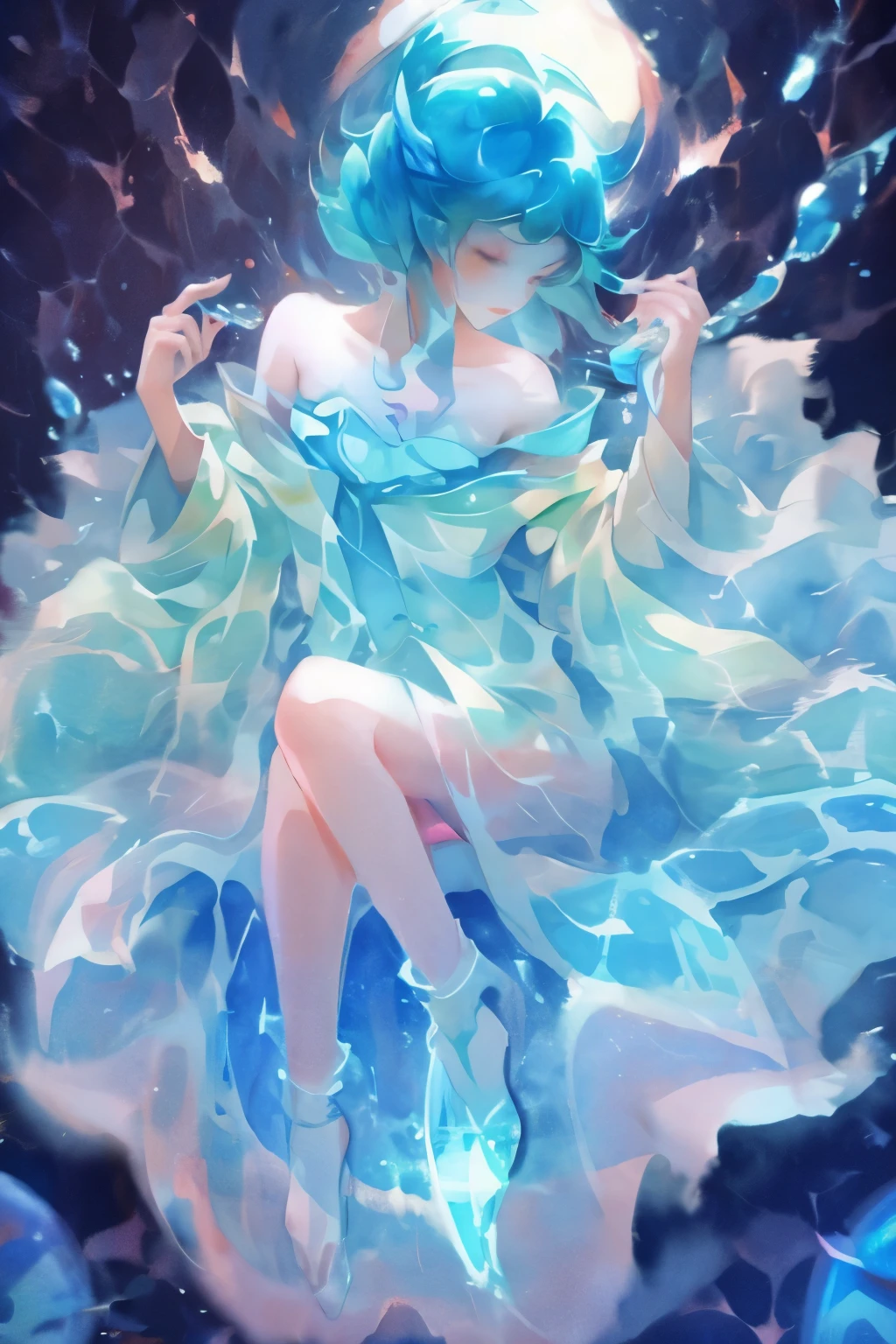 1 Girl, female water spirit, watercolor hair, There is spring water inside, Put a few drops of water on your skin,