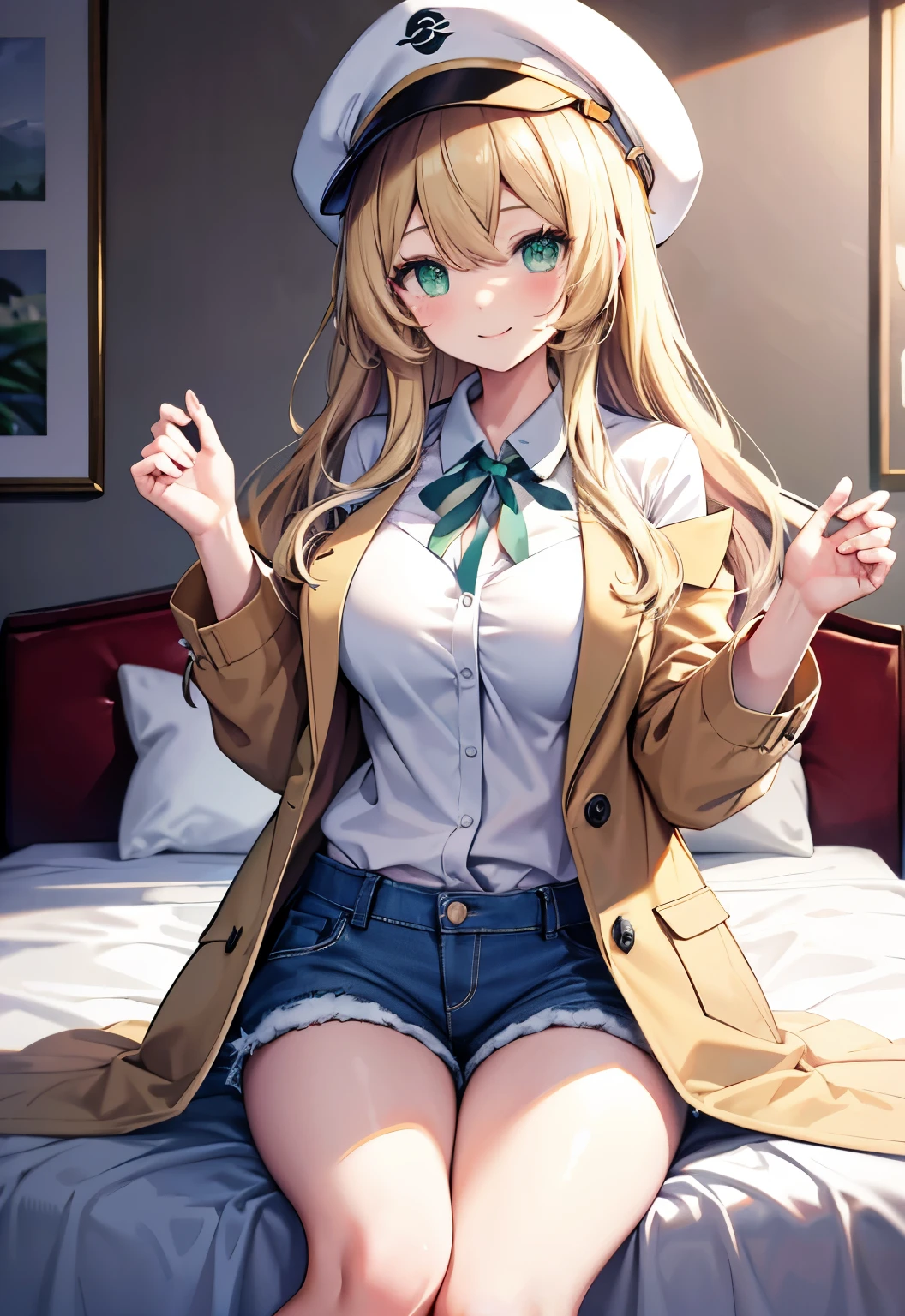 blond hair，Green Eyes，Long hair，hat，Brown coat，White lingerie，Happy【Pokemon】blush，Smile，Large Breasts，Denim shorts，Bedroom background