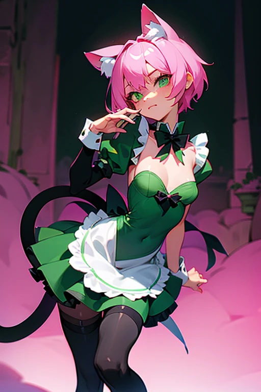 Pink hair, short hair, deep emerald green colored eyes, small breasts,  body, short body, large magical collar, slave, cat girl, cat tail, servant, sexy, cute, shy look, tied up, in a dungeon, mischievous expression, bratty, short maid dress, thigh high leggings, lolita maid, green dress, black and green dress, revealing dress.
