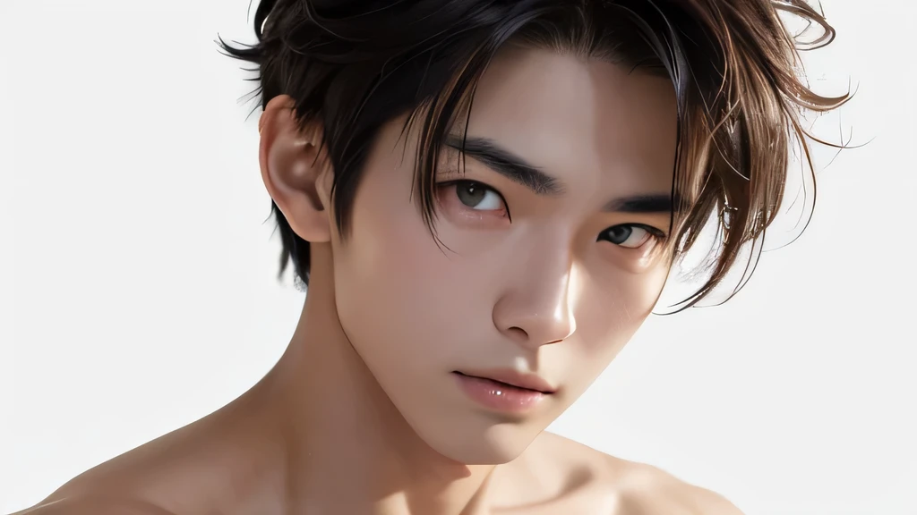 handsome japanese 19 years old Fierce looking at the camera Facing forward, with both shoulders slightly visible and at the same height Full light without background True Face Off-white background Calm expression Upper body naked Drawn screen