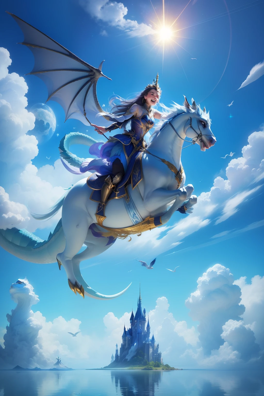 A graceful girl with long flowing hair clings tight to a majestic dragon as they soar through the fluffy clouds, leaving a trail of sparkling stardust in their wake. The Disney-inspired dragon boasts vibrant, iridescent scales that gleam in the sun, and his powerful wings beat rhythmically against the soft cotton-like clouds. The girl's giddy laughter rings through the air as she gazes in awe at the breathtaking view below, cherishing this magical moment with her fantastical companion.