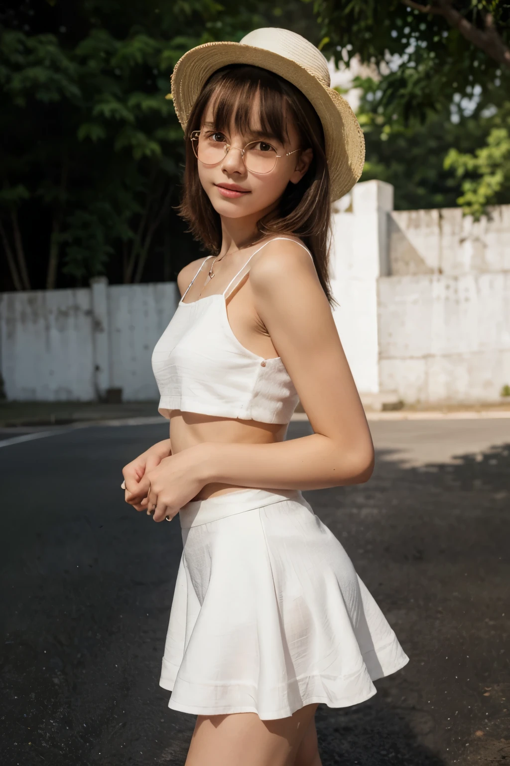 A cute girl, perfect face, beautifull  girl,14 years oldy body, slim body, white skin, masterpiece, textured skin, super detail, high details, high quality, 8k, nice pose, road night background, dark shadow, less light, nature light, side lighting to face, dress, wearing a white hat, wearing a sun glasses, cute lips, small and cutest lips, at night, wearing a white shoes, bangs hair style, open top, small skirt, wearing a ears rings, little smlie, night time.
