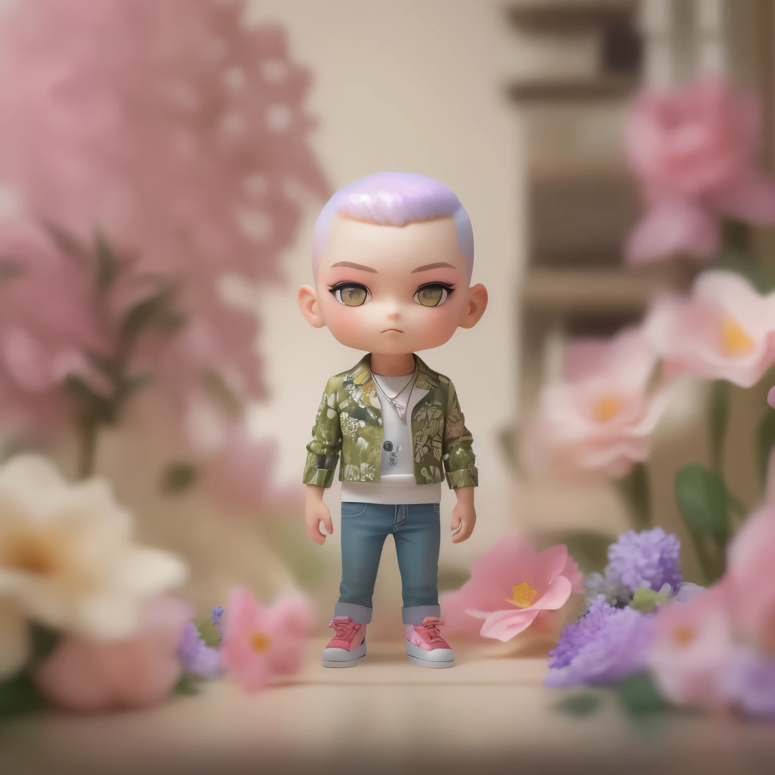 Candid pop mart blind box, collectable toy, (full-body:1.4) of mixed  male supermodel, big prince eyes, natural freckle, (silver-pink hair color, (buzz cut hairstyle), symmetric face, olive skin tone, realistic PVC texture, fine luster, he embodies youthfulness, athleticism, and he exudes a unique allure, exotic face, ((wear Topical flower print Hawaii shirt with Jean, inspire by Kim Jones, Dior Homme)), (pastel, earth tone colors), (standing at neutral background), Captured in a full-body pose with dynamic angle, the focus of the photo is on his captivating presence and the intricate details of the surroundings, he photo is taken with a Canon EOS 5D Mark III with a 50mm f/1.8 lens, f/2.2 aperture, shutter speed 1/200s, ISO 100, and natural cinematic light,  by Thomas Synnamon, professional photographer, Employing three-point lighting and incorporating 3D animation shadows enhance the models' features and add depth to the composition. chibi, cute, 3d render, OC render, 3d model, blender render, good lighting, ultra detail, 8k , seductive lighting, intricate details,