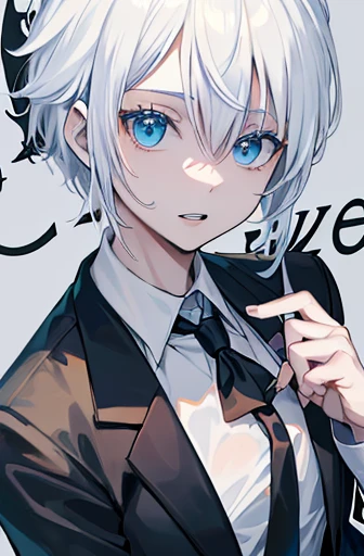 (masuter piece,Best Quality,Ultra-detailed), (A detailed face),Gojo Gojo, Solo, white  hair, Blue Eyes, bangss, white  shirt, Black tie,Black jacket, (in bad: 1.2), Looking at the viewer, (interview: 1.3), From  above, sharp contrast, Beautiful detailed eyes, Close Up Shot,magazine title