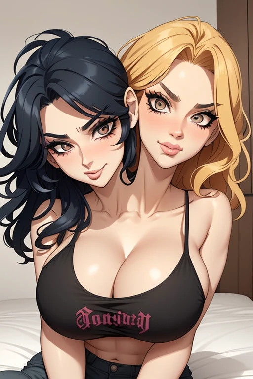 2 heads, a tall skinny woman with 2 heads. In a bedroom. Laying in a bed. Tiny bikini top. Gorgeous face. Cute. Happy. Mature. Flirty. Goth. Messy red hair. Pulling shirt. Seductive. Huge breasts. Thick eyeshadow. Cool, smug expression. Thin lips. Sticking tongue out. Blushing a lot.