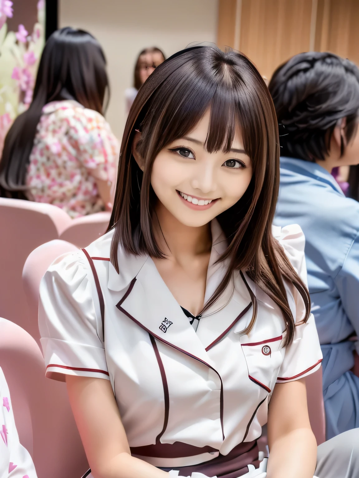 There is a woman sitting in front of the TV., Chiho, Ulzzang, sakimichan, shikamimi, Hime cut, junko enoshima, 8k)), sakimi chan, , narumi kakinouchi, 🚿🗝📝, Cute Core、Without makeup、short eyelashes、Staring at the audience、Laughter、Photorealistic、high resolution、Tabletop, highest quality, 8k, Beauty、The finer details