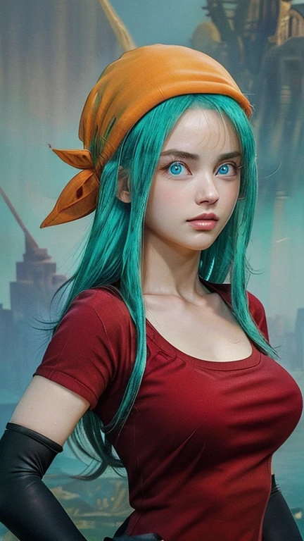 best quality, (masterpiece),(ultra-detailed), (high quality), (high resolution), 1girl, aqua hair, blue eyes,  brapan,  gloves,  long hair, red shirt, solo,bandana, upper body,