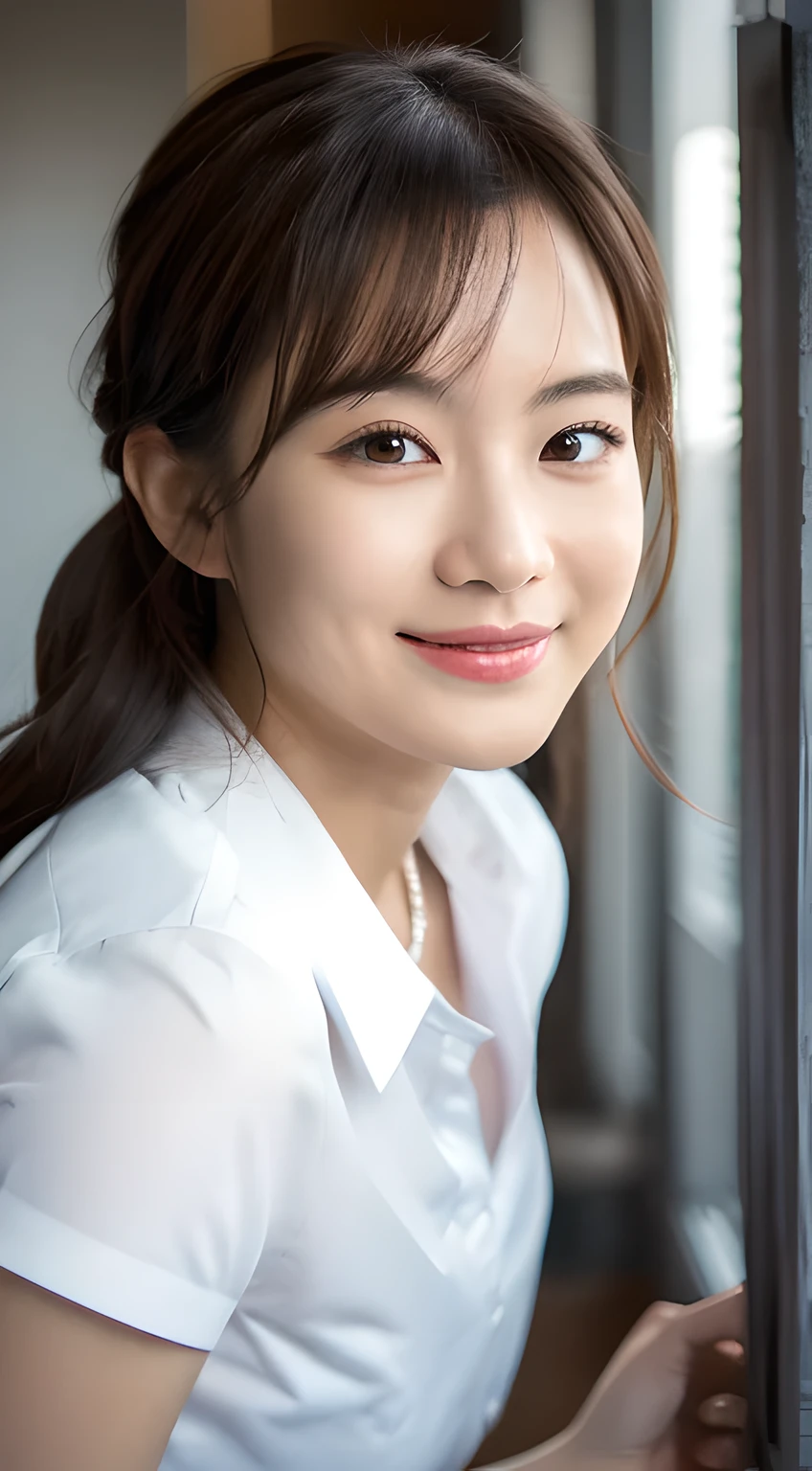 (Masterpiece, BestQuality:1.3), (ultra detailed 8k:1.2), (hyper realistic:1.35),(RAW photo:1.2),High detail RAW color photo, professional photograph, (Photorealistic:1.45), (realistic:1.4), BREAK 1 beautiful girl, japanese Business woman,(Dynamic Pose: 1.2),(bewitching smile:1.3), (super beautiful woman:1.3), beautiful skin, detailed black eyes, detailed face, white shirt with collars, waist up, upper body,18 yo,office lady, BREAK at office floor, profesional lighting,PC desk