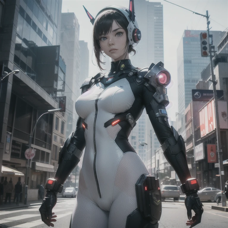 ((Best quality)), ((masterpiece)), ((realistic)), (detailed), (photorealistic:1.5), futuristic girl, (fat body), (white bodysuit), lights on armor, cybernetic headgear, I look at the viewer, dynamic pose, post-apocalyptic, ruined city background, buildings on fire, Science fiction, HDR, ray tracing, NVIDIA RTH, Super resolution, Unreal 5, subsurface scattering, PBR-текстурирование, Post-processing, Anisotropic filtering, depth of field, maximum clarity and sharpness, Rule of thirds, 8К RAW, (luminescent particles:1.4), (extremely detailed cg, unity 8k wallpaper, 3D, cinematic lighting, lens flare), reflections, sharp focus, cyberpunk art, cyberpunk architecture,