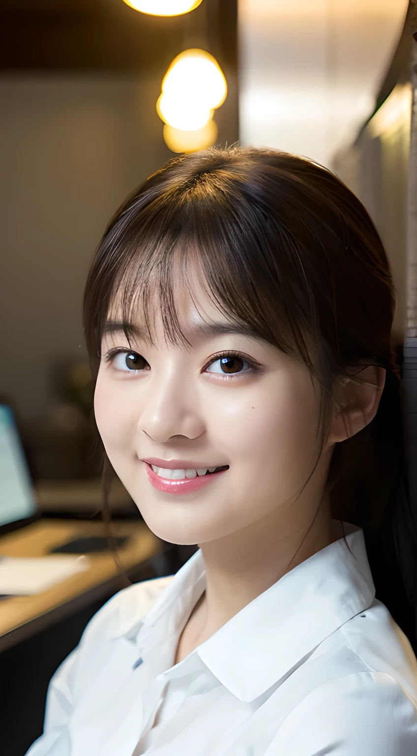 (Masterpiece, BestQuality:1.3), (ultra detailed 8k:1.2), (hyper realistic:1.35),(RAW photo:1.2),High detail RAW color photo, professional photograph, (Photorealistic:1.45), (realistic:1.4), BREAK 1 beautiful girl, japanese Business woman,(Dynamic Pose: 1.2),(bewitching smile:1.3), (super beautiful woman:1.3), beautiful skin, detailed black eyes, detailed face, white shirt with collars, waist up, upper body,18 yo,office lady, BREAK at office floor, profesional lighting,PC desk