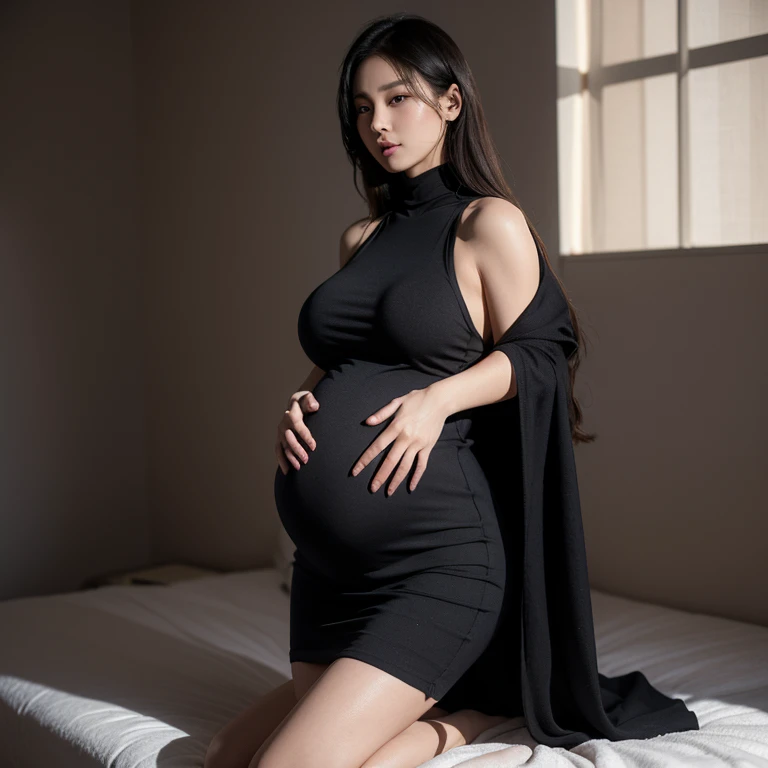 (Very detailed,night, In a dimly lit room, A girl,Married,Married woma,32 years old,Mother,Still has charm,Black头发,a little fat, full, Large sagging breasts, huge big , pregnant, huge pregnant, big pregnant, 9 months, pregnant, 怀着双胞胎的pregnant,Delicate face, Sexy, Wear a turtleneck dress, Bodycon Dress, suspender skirt,Hip skirt,Black色Hip skirt,Black,Garter,Set,Setcoat,coat, HD, full body shot, Work,Water breaks,expiry date,Realistic perfect body, Very realistic)