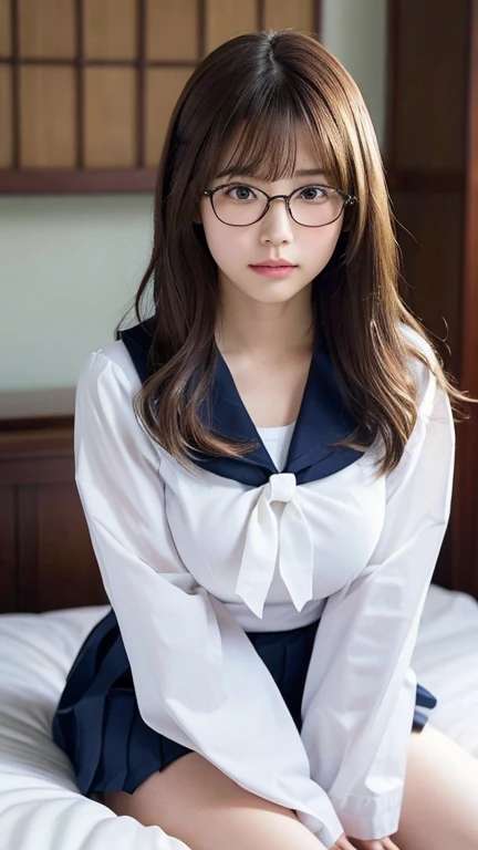 Sitting with legs crossed,1 girl, Very bright backlight,alone, {Beautiful and detailed}, Photo lying in bed, Very beautiful big (Huge breasts:1.5) And a small waist ((Press the chest)) 、Big Breasts,Calm expression, Natural soft light,, Delicate features, Blunt bangs, Beautiful Japanese Girl, 18-year-old, ((Seductive pose)), attractive figure,(Blonde), Light grain, Real Hands, masterpiece, highest quality, Realistic, Very detailed, In detail, High resolution,Beautiful Hair, Perfect dynamic composition, Beautiful and beautiful eyes, Japanese Idols,((I&#39;m nervous and embarrassed)),Sharp focus, beauty mix, (Sailor suit:1.3),Movie Girl,Exhibitionism,shirt,skirt,Showing off,Long Hair,Curly Hair,shame,Glasses,Sensational,intellectual,glossy