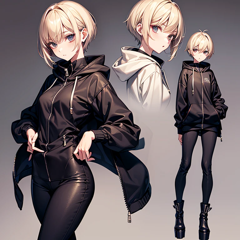 masterpiece、Subtle details、Slender beauty、slim、Small breasts、Sharp eyes、younger sister、Pixie Cut、Short nape、Oversized zip-up jacket(hoodie)、Tight skinny pants、Platform boots、白いhoodie、Blonde