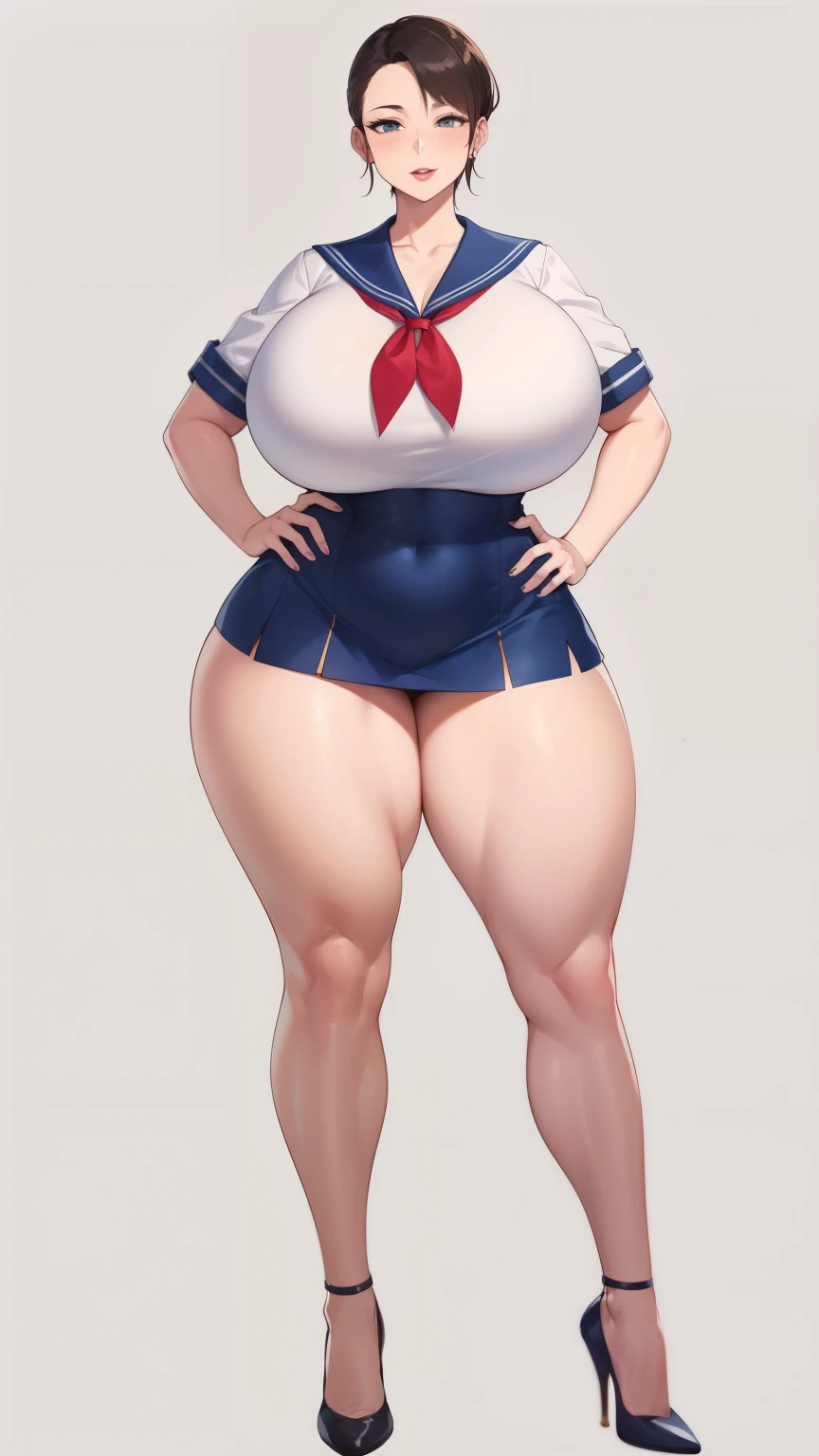 Big Breasts, Big Hips, Full Body Shot, Mature mother, Voluptuous thighs, Full calf, Seductive mature woman, Perfect body, Plus Size Model, Sailor suit, Wearing high heels,Miniskirt uniform, 