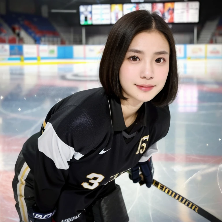 (kawaii 24year-old Japanese girl, Nogizaka idol, Korean idol), female ice hockey player, (glossy black hair, very short hair:1.3), (rounded face, black eyes, single eyelid, no makeup, soft smiling:1.2), (wearing long sleeved ice hockey jersey:1.5), ice hockey gloves, ice hockey helmet, (flat chest, extra small breasts:0.8), (looking at viewer:1.2), BREAK, (skating at ice skate arena, active atmosphere:1.3), (view from forward, bust shot, face focus:1.3), BREAK, (masterpiece, best quality, photo realistic, official art:1.4), (UHD, 8K quality wallpaper, high resolution, raw photo, golden ratio:1.3), (shiny skin), professional lighting, physically based rendering, award winning, (perfect anatomy, highly detailed skin, extremely detailed face and eyes:1.2), Carl Zeiss 300mm F/2.8, depth of field, 1girl, solo, nhl player, national hockey league player,