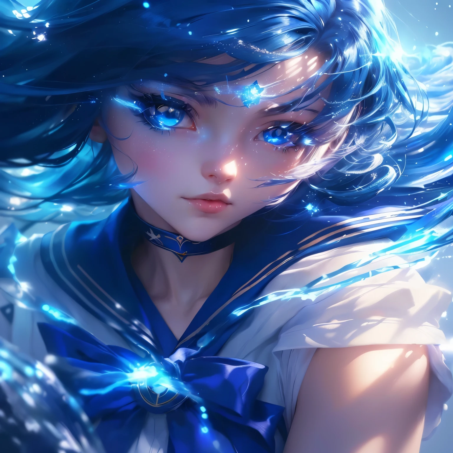 anime girl with blue eyes and blue hairs, wearing sailor suit, looking to camera, masterpiece, best quality, (extremely detailed CG unity 8k wallpaper), (best quality), (best illustration), (best shadow), absurdres, realistic lighting, (Abyss), beautiful detailed glow, art by PeterMohrBacher,