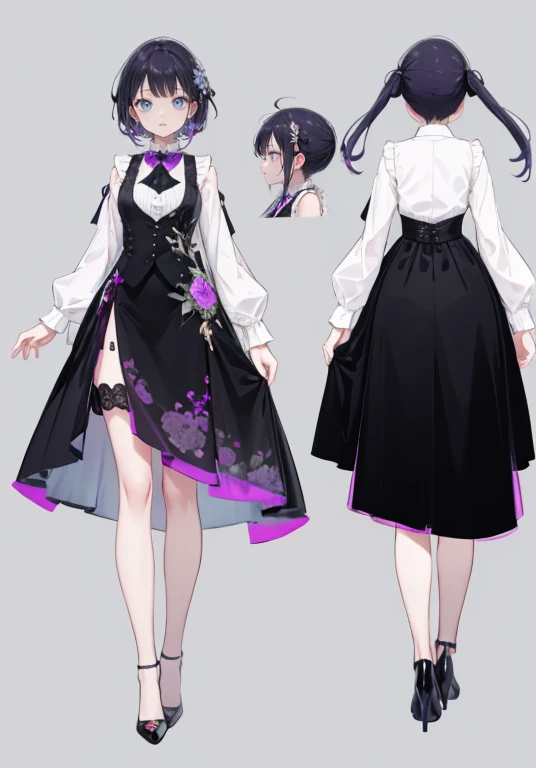 ((Perfect Face)),Purple Hair,,woman,,,Black vest,,slit,skirt,High heels,,((Simple light color background)),((smile)),((Full Body)),((full body)),Character portrait,Character sheet,upright,