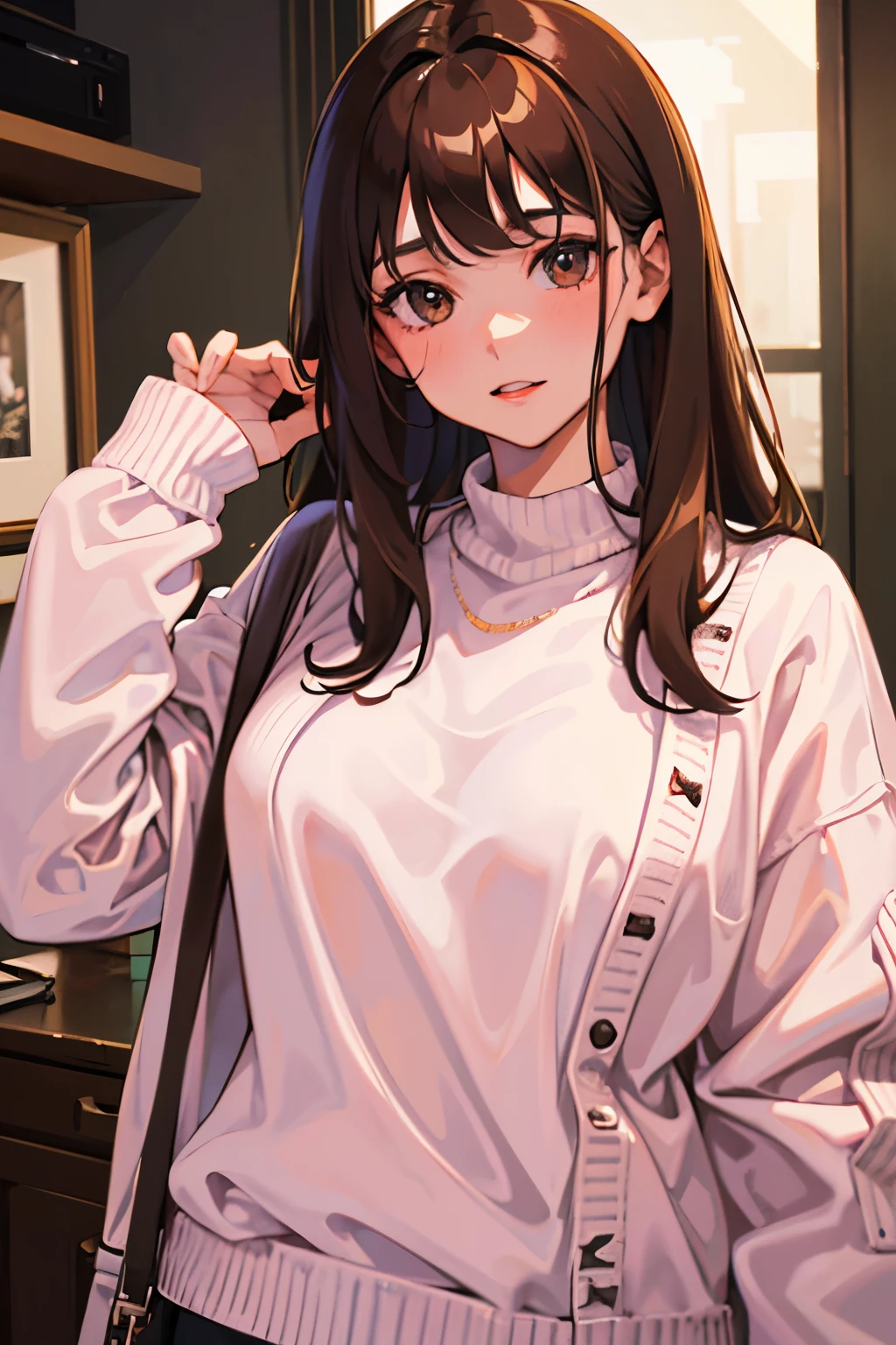 Girl, long brown hair, brown eyes, sharp features, white skin, pink lips, sweater
