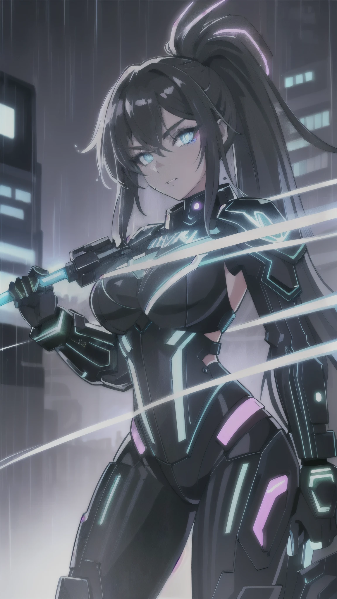 (best quality,4k,8k,highres,masterpiece:1.2),ultra-detailed,(female protagonist,cyber punk style,beautiful detailed eyes,beautiful detailed lips,futuristic neon motorcycle,glowing neon lights , glowing neon eyes, neon glowing lips,ultra long hair ponytail,cityscape background,vivid colors,portraits,sci-fi,sharp focus,physically-based rendering,shiny metallic textures,strong contrast,edgy clothing,dark alleys,graffiti art,street art elements,high-tech gadgets,urban environment,nighttime scene,rainy weather,blurred romantic lights,urban decay aesthetic,electric atmosphere,smoke and fog effects,dynamic pose.