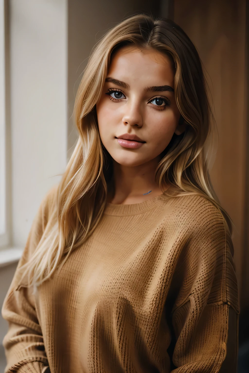 1Girl 18 years old, nur, Lange Haare, midsize , Blick auf den Betrachter, blondes Haar, nackte Schultern, braune Augen, Schmuck, full entire body, Halskette, schulterfrei, pullover, lips, realistisch, Nase, Flirten mit der Kamera