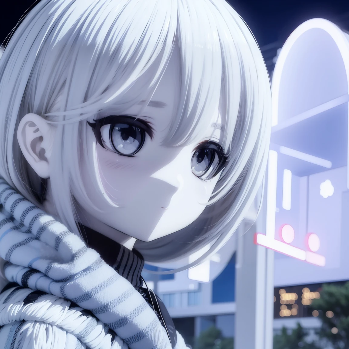 White Hair,Girl,KHD,4K,Expressionless face,Anime Style,profile,Night sky background, Casual Fashion, ((Three white eyes)),soro,1girl,Best quality,