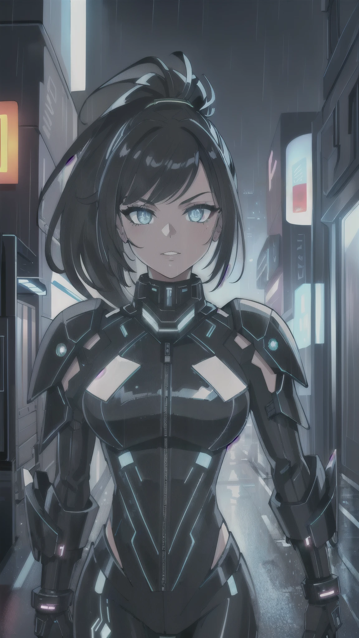(best quality,4k,8k,highres,masterpiece:1.2),ultra-detailed,(female protagonist,cyber punk style,beautiful detailed eyes,beautiful detailed lips,futuristic neon motorcycle,glowing neon lights , glowing neon eyes, neon glowing lips,ultra long hair ponytail,cityscape background,vivid colors,portraits,sci-fi,sharp focus,physically-based rendering,shiny metallic textures,strong contrast,edgy clothing,dark alleys,graffiti art,street art elements,high-tech gadgets,urban environment,nighttime scene,rainy weather,blurred romantic lights,urban decay aesthetic,electric atmosphere,smoke and fog effects,dynamic pose.