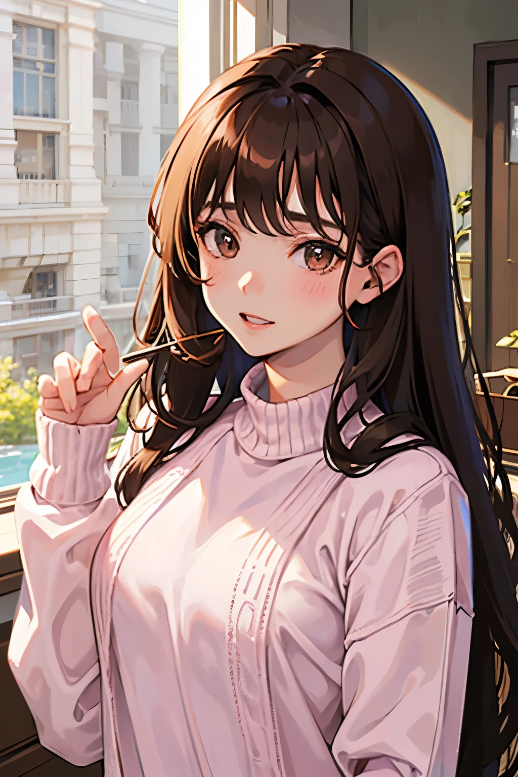 Girl, long brown hair, brown eyes, sharp features, white skin, pink lips, sweater
