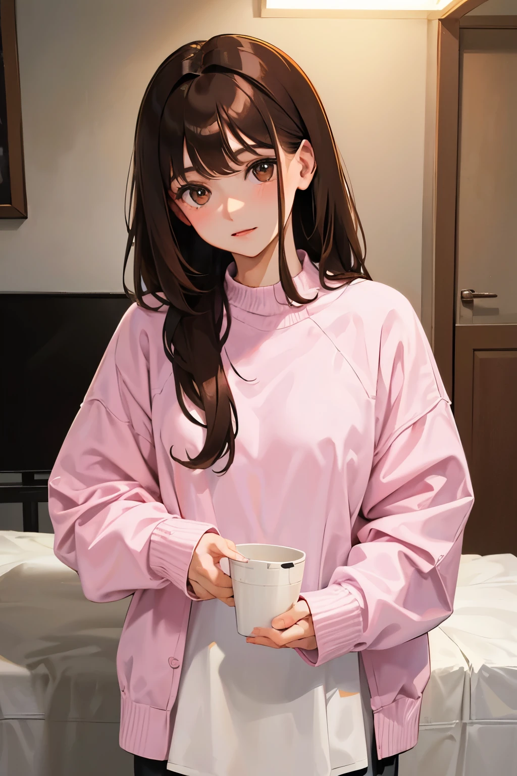 Girl, long brown hair, brown eyes, sharp features, white skin, pink lips, sweater