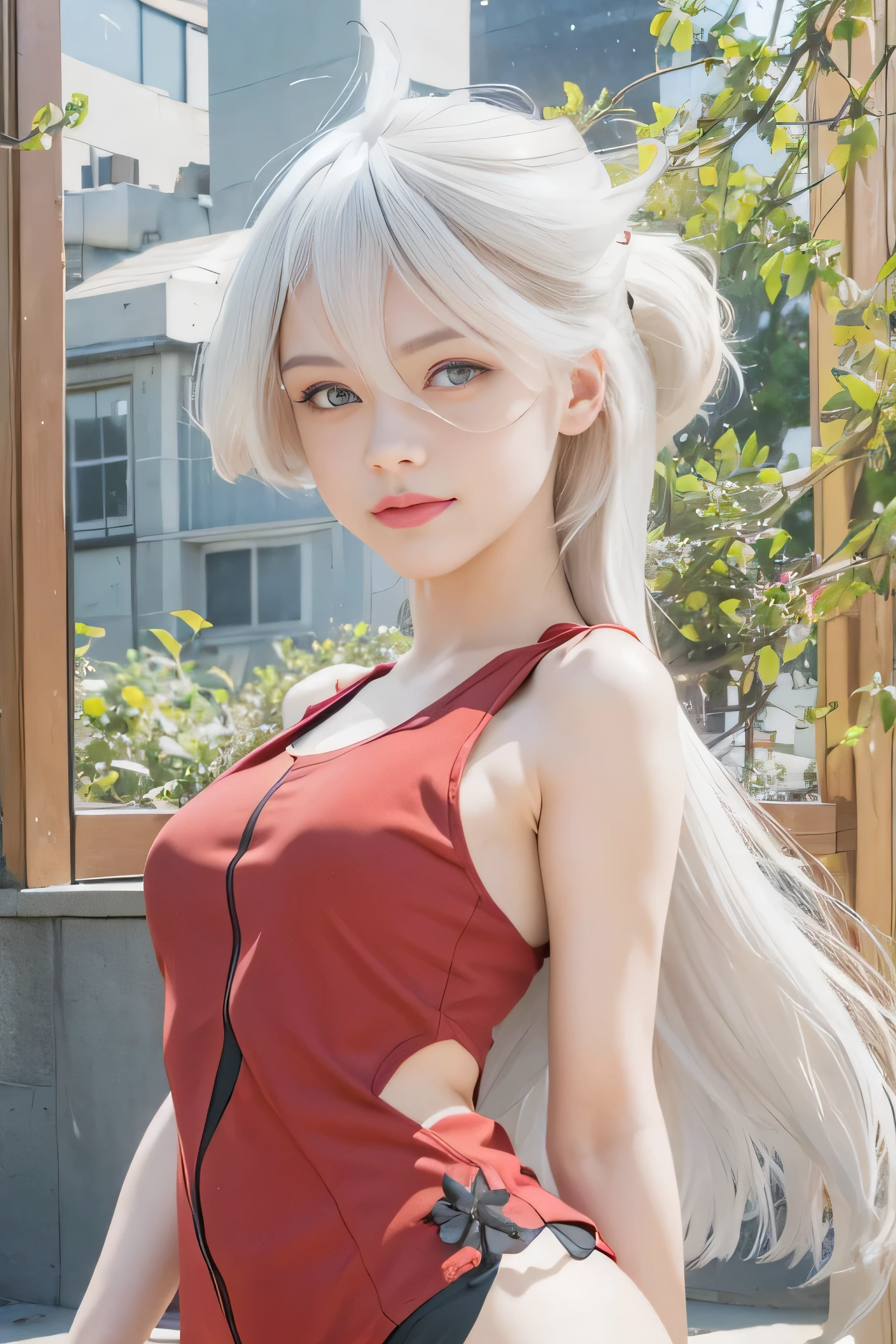 masterpiece, best quality, (realistic,photo-realistic:1.4), (RAW photo:1.2), extremely detailed CG unity 8k wallpaper, delicate and beautiful, amazing,finely detail, official art, absurdres, incredibly absurdres, huge filesize, ultra-detailed,extremely detailed eyes and face,light on face,(little smile),miorine rembran,(white hair:1.4),(long hair:1.6),(wearing red tanktop:1.5),(small breast:1.3),grey eyes,nature bedroom