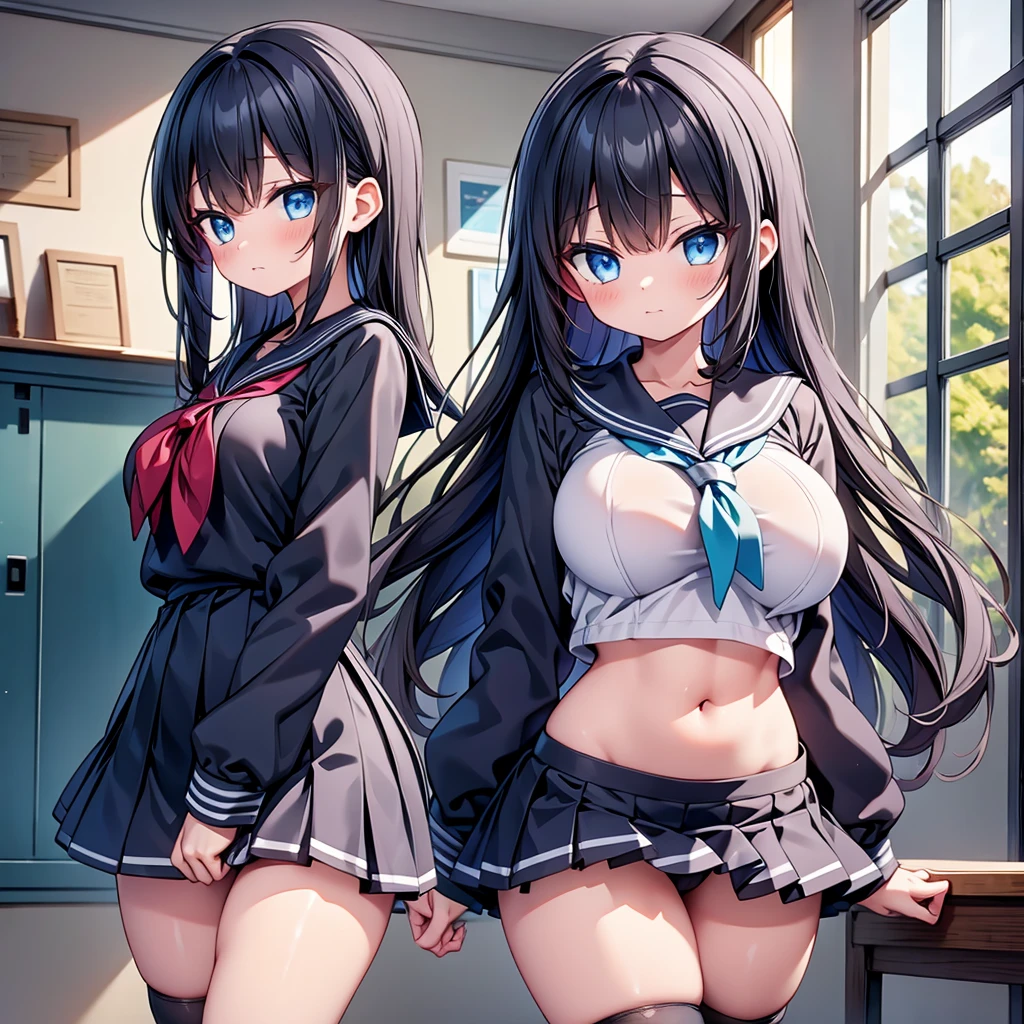 highest quality,wonderful,finely,extremely detailed CG Unity 8K wallpaper,, (girl, Black Hair, Blue Eyes, cute eyes, sailor uniform, clothed), (huge breasts), (loose socks:1.2), (black stockings:1.1),(Thighs:1.2),(Waistline:1.2)