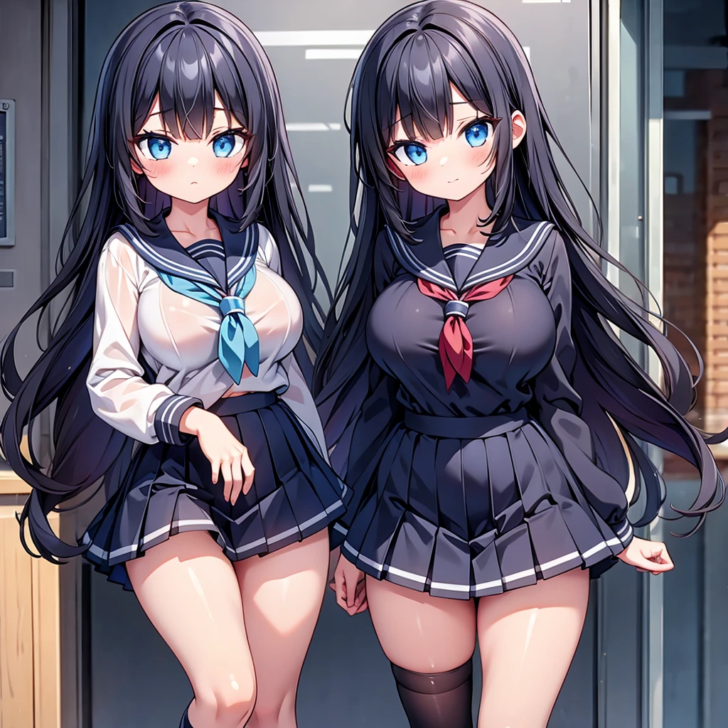 highest quality,wonderful,finely,extremely detailed CG Unity 8K wallpaper,, (girl, Black Hair, Blue Eyes, cute eyes, sailor uniform, clothed), (huge breasts), (loose socks:1.2), (black stockings:1.1),(Thighs:1.2),(Waistline:1.2)