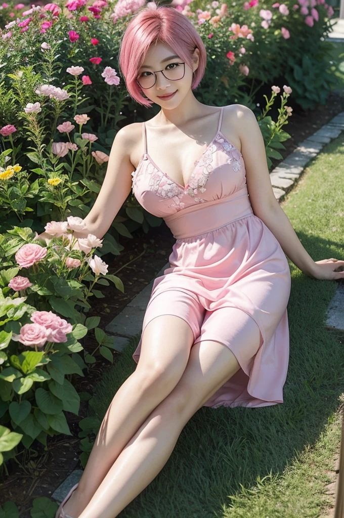 A beautiful short hair Asian girl with glasses wearing short pink dress, reposing on grass in a flower garden, smirking, showcasing medium size breasts and thighs.