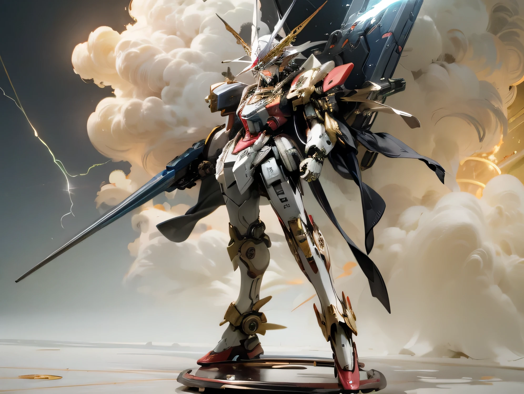 (Gundam),original,(robot),Character portrait,Real,Mecha,whole body,mechanical,Not human,machinery, Concept Art, full body, standing, delicate gold metal decorations, red jewelry, vapour, lightning effect, masterpiece, original, extremely detailed,Funnel,Zaku,Zeon,