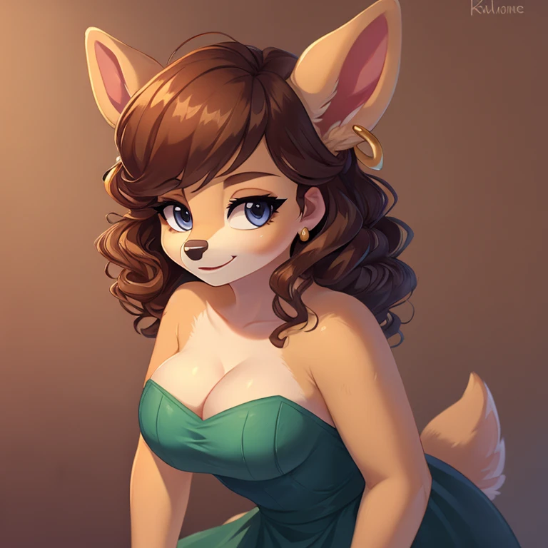 White fur, deer, curly hair, strapless dress, cleavage, high resolution, earrings,