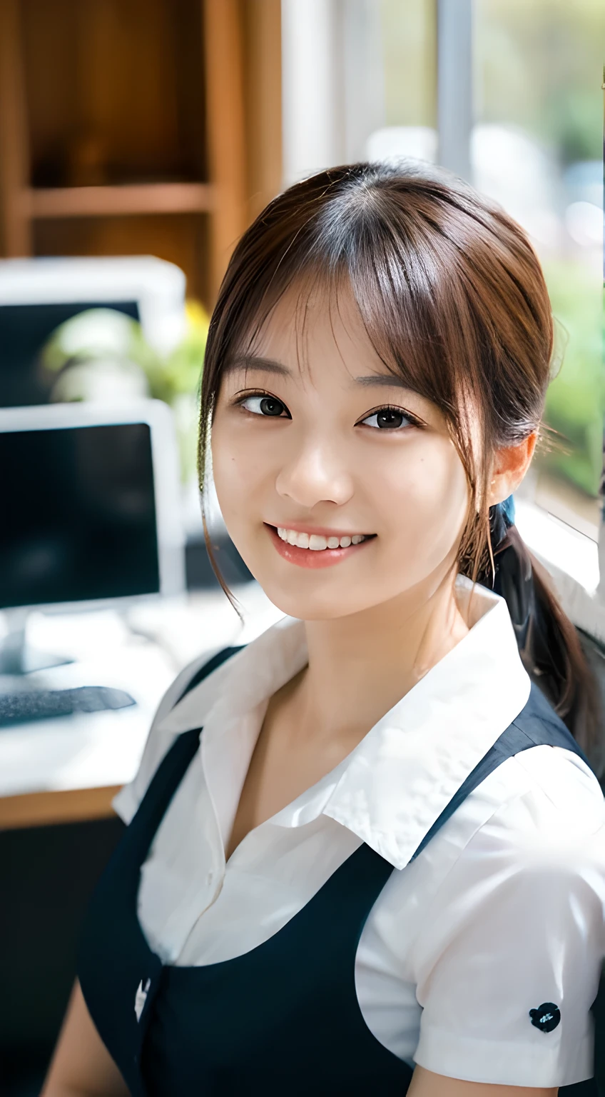 (Masterpiece, BestQuality:1.3), (ultra detailed 8k:1.2), (hyper realistic:1.35),(RAW photo:1.2),High detail RAW color photo, professional photograph, (Photorealistic:1.45), (realistic:1.4), BREAK, 1 beautiful girl, japanese Business woman,(Dynamic Pose: 1.2),(bewitching smile:1.3), (super beautiful woman:1.3), beautiful skin, detailed black eyes, detailed face, white shirt with collars, waist up, upper body,18 yo,office lady, BREAK at office floor, profesional lighting,PC desk