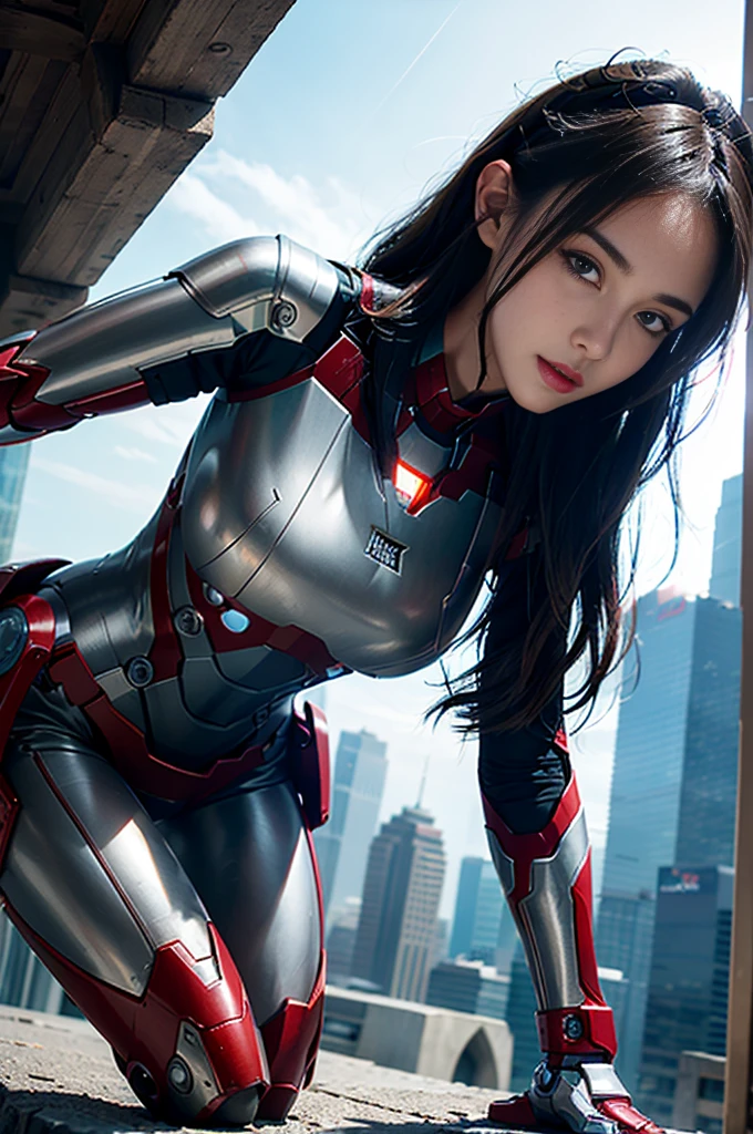 RAW, Masterpiece, Ultra Fine Photo,, Best Quality, Ultra High Resolution, Photorealistic, Sunlight, Full Body Portrait, Stunningly Beautiful,, Dynamic Poses, Delicate Face, Vibrant Eyes, (Side View) , she is wearing a futuristic Iron Man mech, very detailed background, detailed face, detailed busy background, messy, gorgeous, milky, high detailed skin, realistic skin details, visible pores, sharp focus, volume Fog, 8k uhd, dslr, high quality, film grain, fair skin, photorealism, lomography, sprawling metropolis in a futuristic dystopia, view from below, translucent