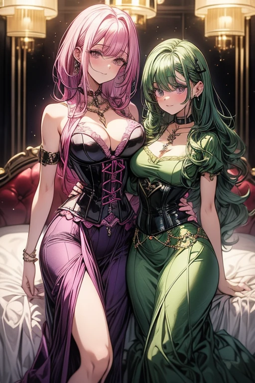 A pink haired woman with violet eyes and an hourglass figure is posing in a sexy corset dress is posing with a green haired woman with purple eyes with an hourglass figure in a bedroom