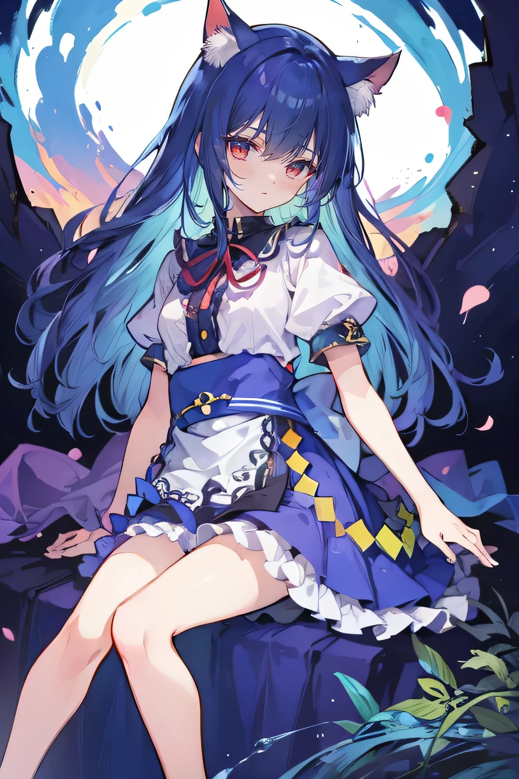 (masterpiece:1.2),Super detailed,Practical,expressive eyes,Fair skin,Perfect face shaping,1 Girl,
Japanese cartoons,Gorgeous blue hair, the long flowing blue hair,Floating clothes,Cat ears,Petals falling,beautiful lola,Young Angel,
Hands on waist,sit elegantly on the ground,Cross your legs,Gentle and peaceful background,Cool and cozy pavilion,sunrise,