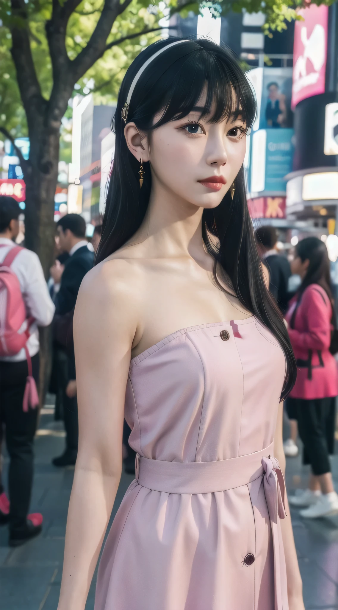 yor, Mature female, bangs, side locks, Red eyes, pink hair, hair adornments，sportrait, (face:1.2), schoolgirls,bare shoulders​, walking at time square buzz, (Robe:1.21), clavicle, Willow Branch, (masterpiece best quality :1.2),